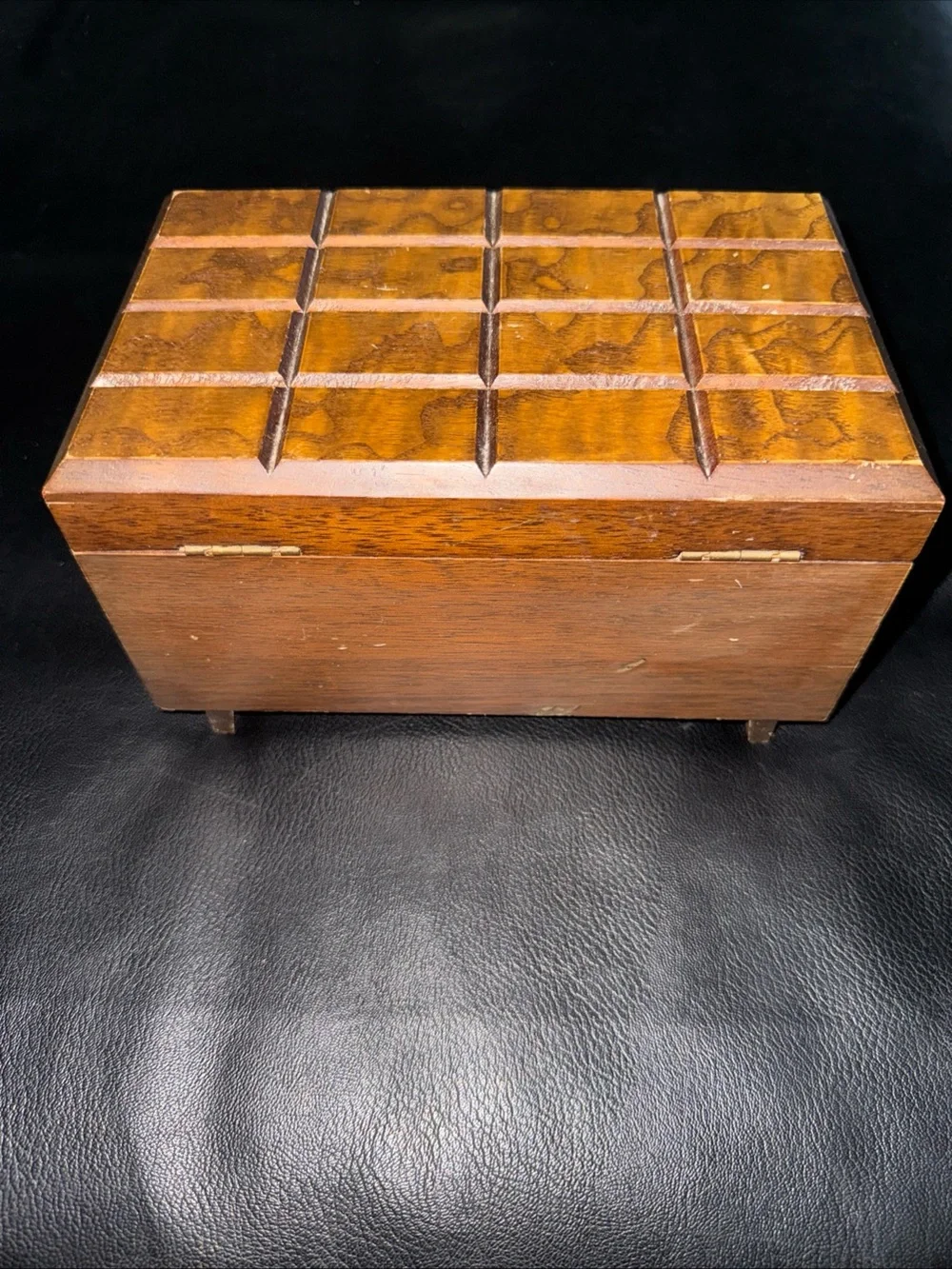 Vintage wood jewelry box with red velvet interior and mirror 5x8 inches MCM